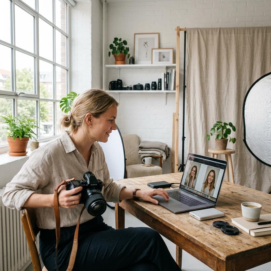 Fotograf som går gjennom bilder i et lyst studio