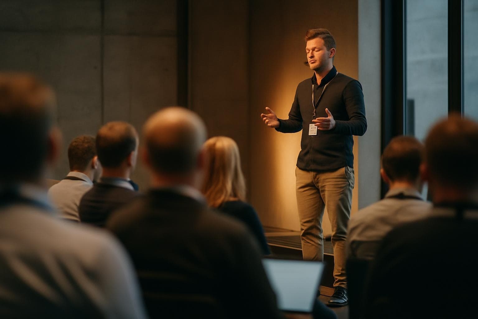 Foredragsholder på scene foran publikum
