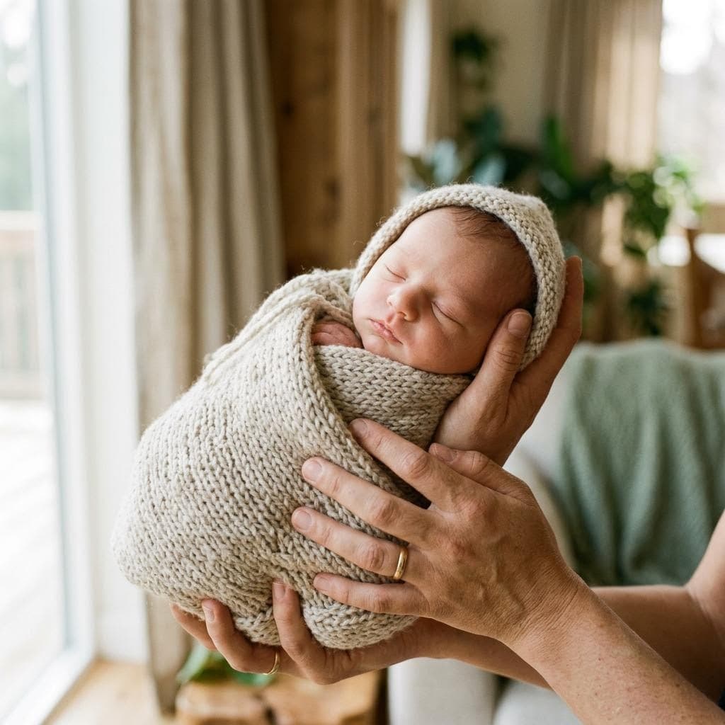 Nyfødt baby i strikket teppe holdt av to hender
